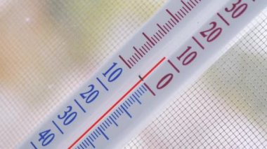 Alkol termometresi pencerenin dışında sivrisinek ağında asılı duruyor. 4K
