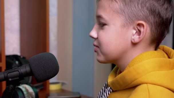 Χαμογελώντας Blogger Boy Μιλώντας σε μικρόφωνο, Vlogging για παιδιά σε Pro Studio — Αρχείο Βίντεο