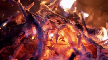 Gece Ormanı 'ndaki bir açıklıkta sönen bir kamp ateşinin parlak alevi. Kapat.