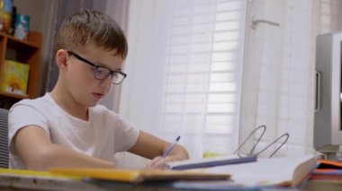 Gözlüklü Ciddi Öğrenci Not Defterinde Kalemle Yazar, Ders Yapar. 4K