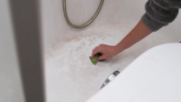 Kvinna tvättar, Rengör, Rubs smutsiga badrum med en svamp med tvål och skum — Stockvideo