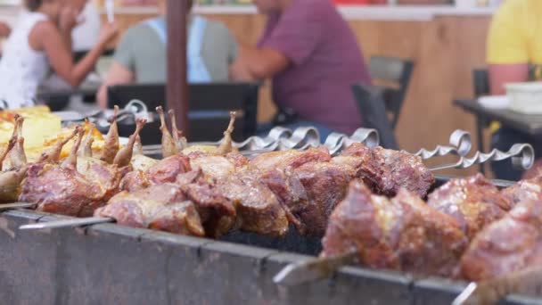 Juicy Appetizing Pork Kebab lagar mat utomhus. Närbild — Stockvideo