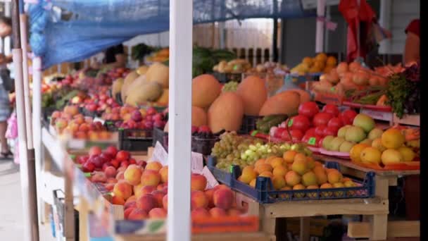 Friss gyümölcsök értékesítése fadobozokban, árcédulákkal egy nyitott pulton a piacon — Stock videók
