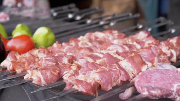 Um monte de carne de porco cru Kebabs são cozidos em espetos na grelha ao ar livre. Fechar — Vídeo de Stock