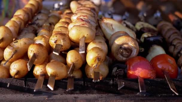 Много готовых шашлыков с овощами лежит на прилавке. Закрывай. 4K — стоковое видео