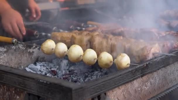 Juicy Appetizing Pork Kebab and Mushrooms is Cooking in the Smoke Outdoors. 4K — Vídeo de Stock
