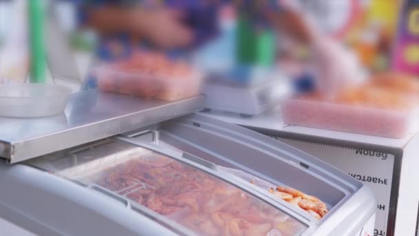 Vendedora pone camarones congelados del refrigerador en cajas para la venta — Vídeo de stock
