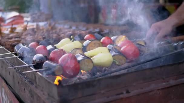Ζουμερά λαχανικά με όρεξη ετοιμάζουν μια ανοιχτή φωτιά. 4K. Κλείσε. — Αρχείο Βίντεο