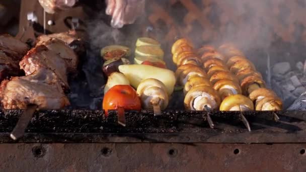 ジューシーな食欲をそそるポークケバブ、焼き野菜は煙の中で調理しています屋外 — ストック動画