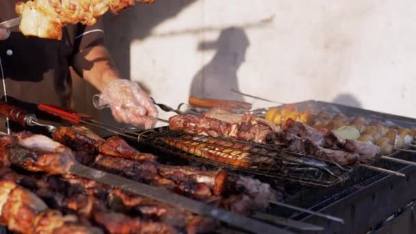 Przygotowanie Soczysty kebab Shish z wieprzowiny, ryb, grzybów na zewnątrz. Zamknij się. — Wideo stockowe