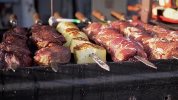 Juicy Appetizing Pork Shish Kebab, Feta Cheese Preparing in Smoke Outdoors. 4K — Vídeo de Stock