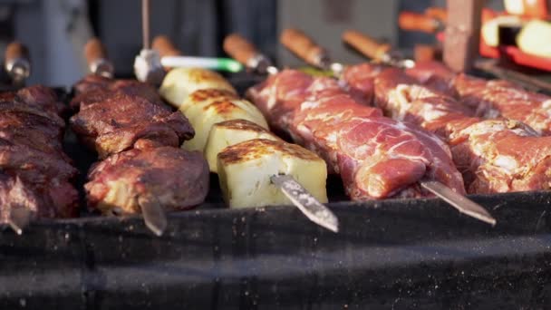 Juicy Appetizing Pork Shish Kebab, Feta Cheese Preparing in Smoke Outdoors — Stockvideo