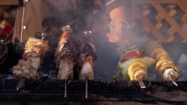 ジューシーな食欲をそそるポークケバブ、焼き野菜は煙の中で調理しています屋外 — ストック動画