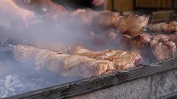 Juicy Appetizing Pork Kebab está cozinhando em fumaça ao ar livre. 4K. Fechar — Vídeo de Stock