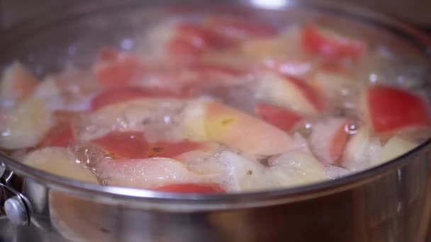 Vaření zdravý jablečný kompot, vařený kompot v vroucí omáčce na plynovém sporáku — Stock video