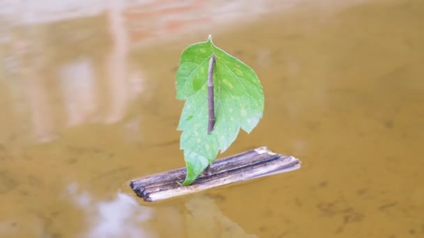 A Small Homemade Children Wooden Boat Floats with the River. 4K. Close up — Vídeo de Stock