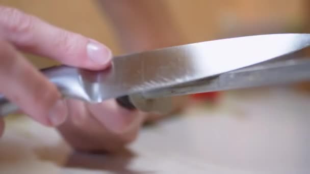 厨房里，女性的手在旧的、脏的、刮破的钢棍上磨刀 — 图库视频影像