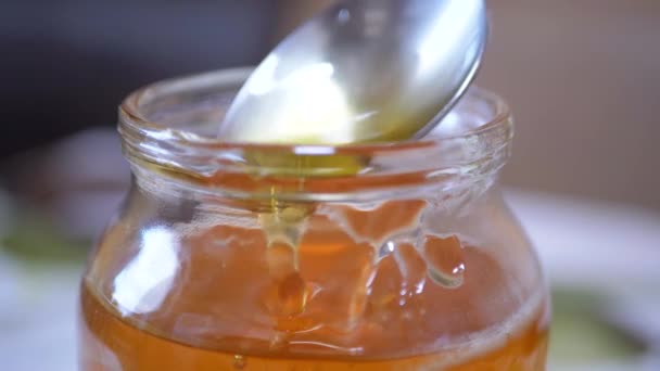 Egy női kéz felveszi egy kanállal átlátszó, folyékony mézet egy üvegedényből. — Stock videók