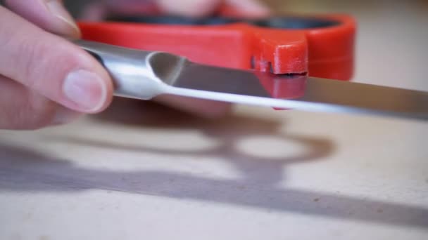 Female Hands a Sharpens a Knife on a Red Manual Sharpener in Kitchen. Sluiten. — Stockvideo