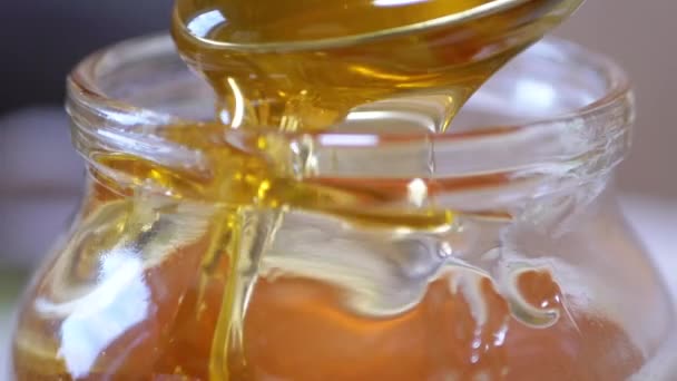 A Female Hand Picks Up with a Spoon Transparent, Liquid Honey from a Glass Jar — Stock Video