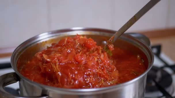 Forberedelse Rig, Tyk, Rød Borscht fra Kød, Rødbeder i en gryde i Hjem Køkken – Stock-video