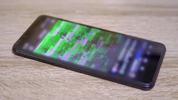 Signal Distortion, Interference, Glitches on Screen of a Smartphone. Close up — Stock Video