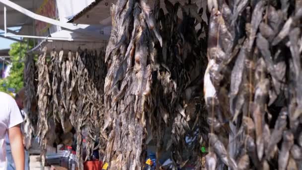 Pescado pequeño seco, Gobies colgando de ganchos en los puestos abiertos del mercado callejero — Vídeo de stock
