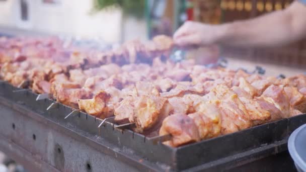 Hands of a Street Seller Turning Skewers with Meat — Stock video