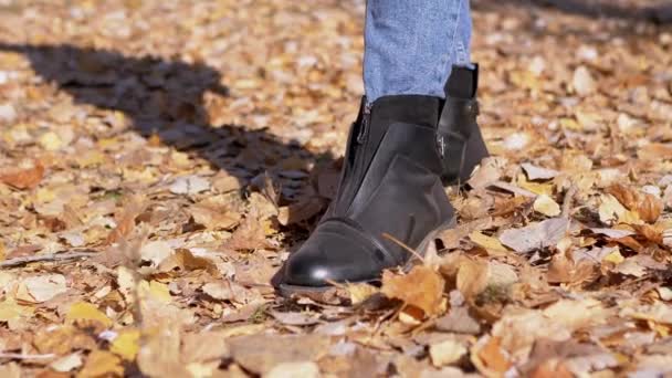 Una hembra muestra una bota rota, de pie sobre las hojas caídas exuberantes en madera de otoño — Vídeos de Stock