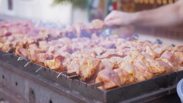 Juicy Kebabs de cerdo se fríen en una parrilla abierta en humo y hollín. Acercar. De cerca. — Vídeos de Stock