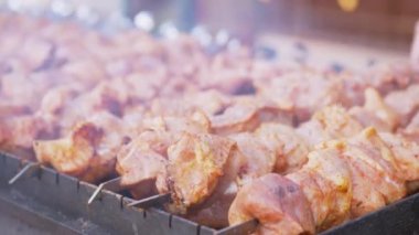 Hands of a Street Seller Turning Skewers with Meat