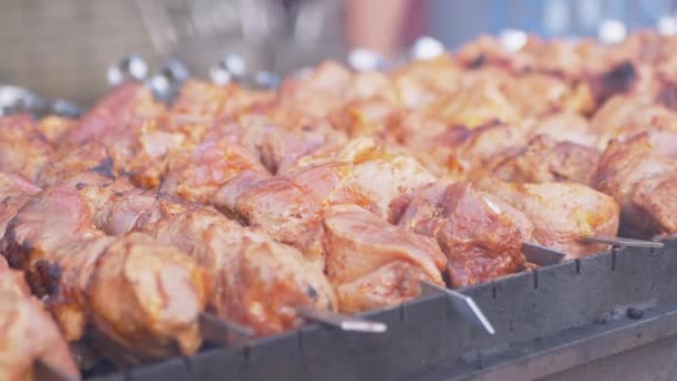 Sulu Domuz Kebabı, Smoke and Soot 'ta açık ızgarada kızartılır. Kapatın. 4K — Stok video