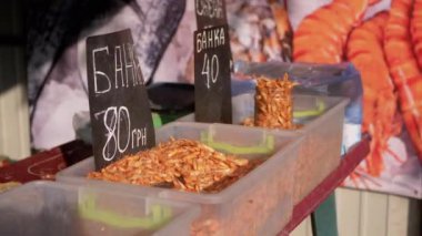 Selling Boiled Shrimp at the Local Market. Zoom. Close up