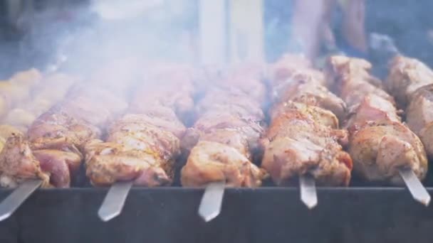 Juicy Pork Kebabs are Fried on an Open Grill in Smoke and Soot. Close up. 4K — 图库视频影像