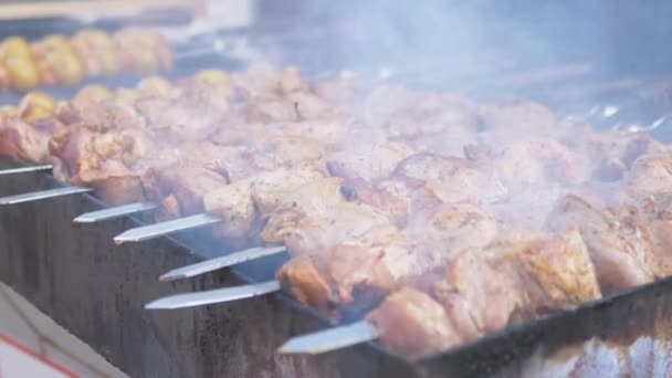 Les brochettes de porc juteuses sont frites sur un gril ouvert en fumée et en suie. Ferme là. 4K — Video