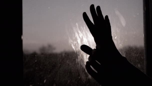 Ženské ruce natahování pro slunce u okna, dotykové špinavé sklo doma — Stock video
