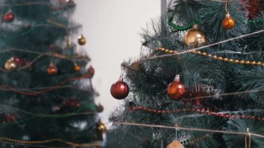 Sarı, kırmızı cam toplarla süslenmiş Noel ağacı, dallarda zencefilli ekmek..