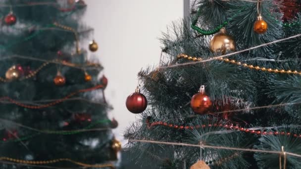 Árbol de Navidad decorado con bolas de vidrio amarillo, rojo, pan de jengibre en las ramas. — Vídeos de Stock