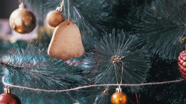 Árbol de Navidad decorado con bolas de vidrio amarillo, rojo, pan de jengibre en las ramas. — Vídeos de Stock