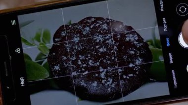 Akıllı Telefonla Mutfakta Çikolatalı Turta Fotoğrafı Çeken Kadın Eller. Büyüt