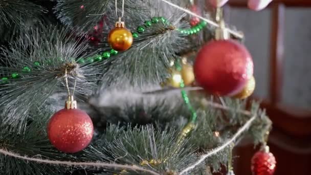Γυναικεία Χέρια Διακοσμήστε Χριστουγεννιάτικο Δέντρο με Χριστουγεννιάτικες Διακοσμήσεις Πρωτοχρονιάς. Εστίαση — Αρχείο Βίντεο