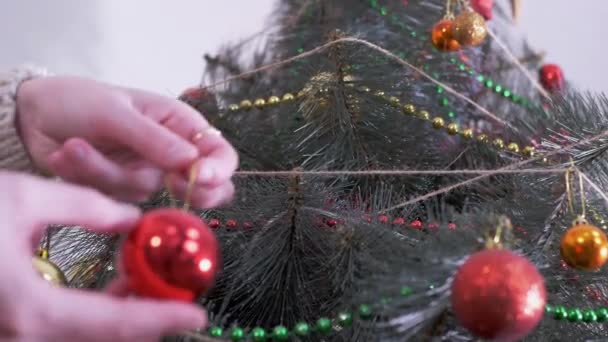 Le mani femminili decorano l'albero di Natale con decorazioni natalizie di Capodanno. Zoom — Video Stock