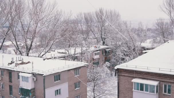 旧住宅院落在树梢上的雪花 — 图库视频影像