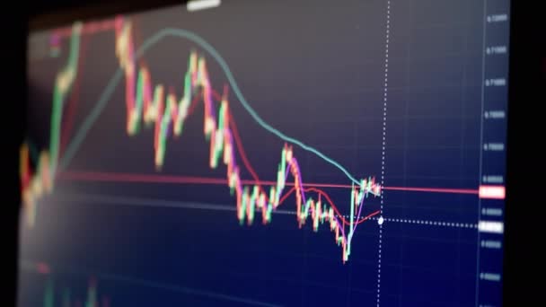 Trader analizza il grafico del candeliere di movimento della criptovaluta sul PC dello schermo — Video Stock