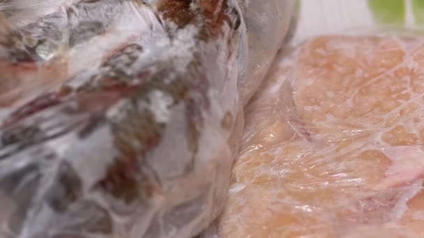 Descongelar carne crua congelada e produtos semi-acabados de peixe para cozinhar. Fechar — Vídeo de Stock