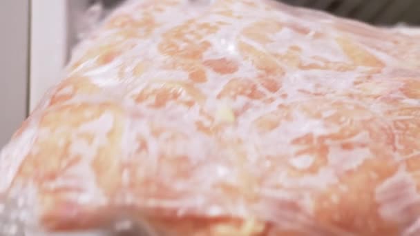 Perempuan Tangan Menempatkan Semi-Finished Frozen Fillet ke dalam freezer. 4K. Tutup. — Stok Video