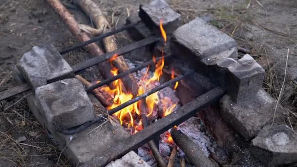 Jasné plápolající Bonfire s vyhořelým palivem venku. Zpomal. Zavřít — Stock video