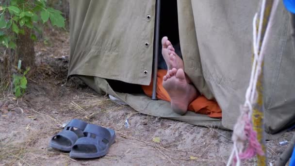 Mezítláb Férfi Lábak kukucskál ki egy nyitott katonai sátor a természetben. Közelről. — Stock videók