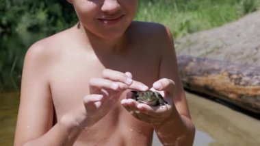 Gülümseyen Çocuk Yeşil Kurbağayı Okşadı Sahil Nehri 'nin Arkasında Islak Bir El