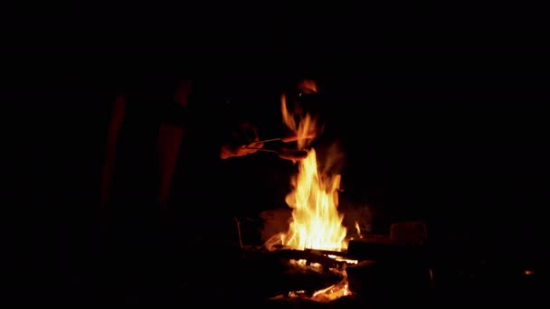 森の中のたき火で夜に2回のジューシーなソーセージを飛ぶ男性の手 — ストック動画
